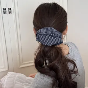 Dark blue grid pattern oversized fabric scrunchie for sweet ponytail hair styling accessory