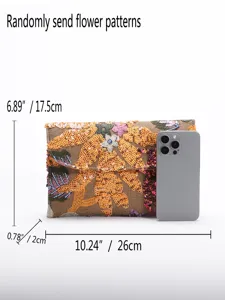 Detailed size guide for the floral embroidered sequin clutch bag with phone for scale.
