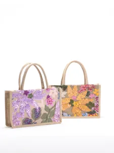 Women Sequin Flower Embroidered Jute Tote Bag Ethnic Fashion Large Capacity Woven Burlap Handbag Vacation Daily Shoulder Bag