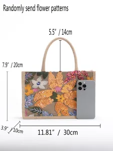 Detailed view of sequin embroidered jute tote bag showing exact product dimensions.