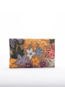 Detailed view of the vibrant floral sequin embroidery on this tan envelope dinner clutch bag