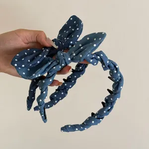 Diadema con Lazo de Lunares Vintage Francés para Mujer Estilo Coreano Dientes Antideslizantes Banda para el Cabello Azul Orejas de Conejo Retro Dulce Accesorios
