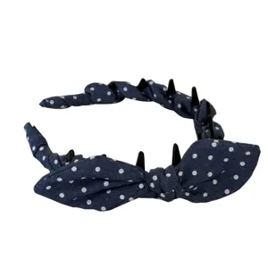 Diadema estilo francés vintage con lunares azules, lazo y dientes antideslizantes
