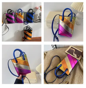 Multi-color metallic PU leather striped bucket bag with adjustable crossbody strap