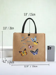 Eco-friendly burlap tote bag with butterfly print and clearly marked size dimensions