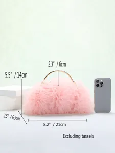 Dimensioni della pochette da sera in tulle rosa con manico dorato e relative misure.