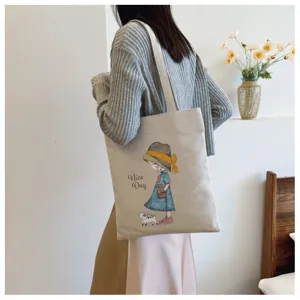 Leinwand-Tragetasche mit süßem Cartoon-Mädchen und Katzen-Druck, lässige Schultertasche.