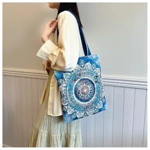 Blaue Mandala Blumen Druck Segeltuch Tragetasche, lässige Schultertasche für den Alltag.