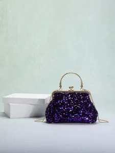 Elegante lila Pailletten-Abendtasche mit goldfarbenem Metallgriff für festliche Anlässe