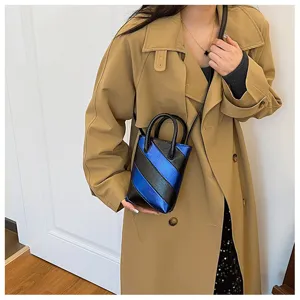 Chic blue and black diagonal stripe PU leather small bucket bag for trendy women