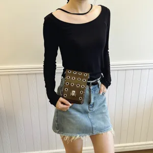 Dark style punk skull flap mini bag with silver eyelets and belt loop for waist wear