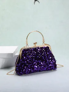Elegante lila Pailletten-Abendtasche mit goldenem Klippverschluss und Metallgriff.