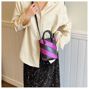Chic metallic purple and black diagonal striped mini PU leather bucket bag with top handles