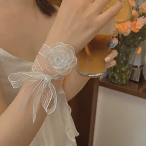 French Retro Lace Floral Ribbon Hair Tie Elegant White Mesh Flower Choker Multi-use Hair Band Bridesmaid Wrist Corsage Women Jewelry