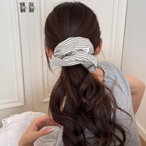 Elegant blue and white striped fabric scrunchie ponytail holder for women's hair
