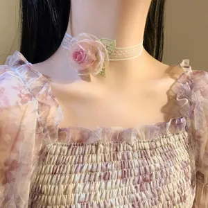 Elegant white lace rose choker necklace with pink mesh flower for women vintage style
