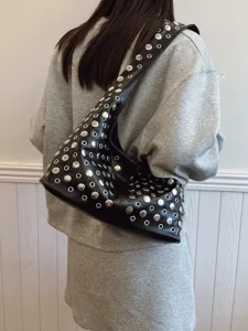 Women Fashion PU Leather Rivet Shoulder Bag Punk Style Metal Eyelet Hollow Out Hobo Bucket Tote Bag Large Capacity Handbag