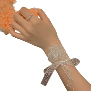 Elegant white lace floral hair ribbon accessory with delicate mesh flower and bow for women