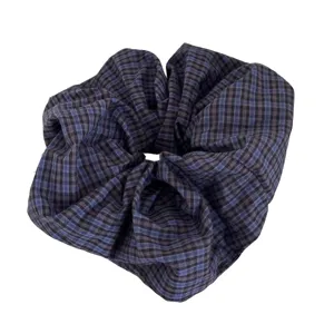 Stylish dark blue checkered large fabric scrunchie hair tie for ponytail styling