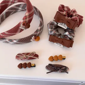 Retro Plaid Bow Scrunchie Sweet Heart Hair Clips Vintage Headband For Women Preppy Style Autumn Winter Hair Accessories Gift