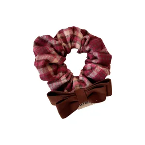 Retro plaid hair scrunchie with a brown fabric bow for autumn and winter styling