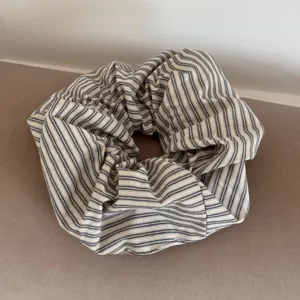 Elegant minimalist black and white striped fabric scrunchie elastic hair tie accessory
