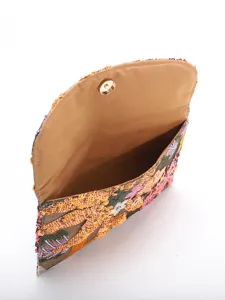 Detailed view of internal lining and floral embroidery on sequin evening clutch bag