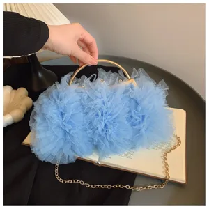 Elegant light blue ruffled tulle evening clutch bag with gold round handle detail