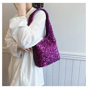 Purple sequined shoulder bag for women styled as a punk chic hobo bag detail view