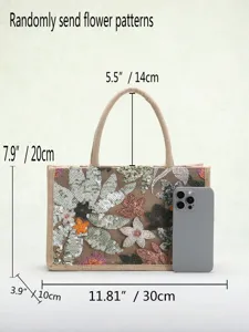 Elegant sequin embroidered floral tote bag with clear size measurements and dimensions.
