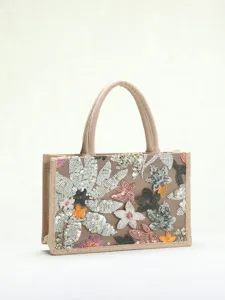 Stylish floral sequin embroidered jute tote bag for women, large woven handbag.