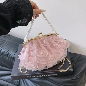 Élégant sac de soirée rose à fleurs 3D avec poignée en perles et fermoir doré