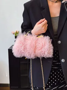 Elegant pink ruffled mesh evening clutch bag with gold handle for weddings