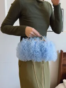Elegant light blue ruffled mesh lace clutch bag with metal handle for wedding parties