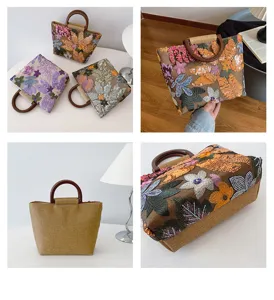 Vista dettagliata della borsa in lino con paillettes floreali e manici in legno
