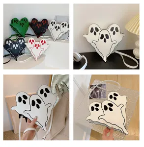 Detailed multi-angle view of white heart-shaped ghost crossbody bag for Halloween party