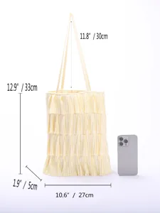 Detailed dimensions of yellow multi-layer ruffled pleated tote bag shown with smartphone scale.