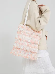 Elegant multi-layered floral lace ruffled tote bag for women stylish summer shoulder bag