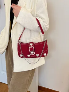 Women Sweet Heart Artificial Pearl Decoration Baguette Bag PU Leather Shoulder Chain Crossbody Handbag For Daily Commuting