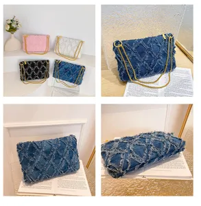 Modische Damen Jeans gesteppte Clutch Handtasche mit Metallkette Schultertasche Detail