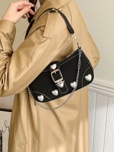 Sweet style black baguette bag with pearl heart decoration and silver chain strap