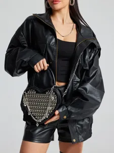 Black heart crossbody bag with metal studs and chain strap for women fashionable.