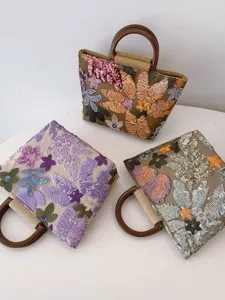 Borsa tote vintage in lino con paillettes floreali e manici circolari in legno chic