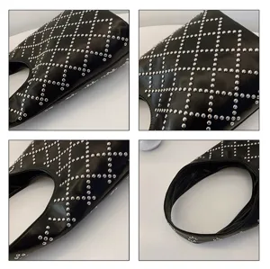 Detail views of black punk style shoulder bag featuring silver rivet stud grid pattern