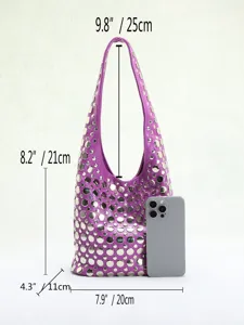 Purple punk style bucket bag with rivets showing dimensions and phone for scale comparison