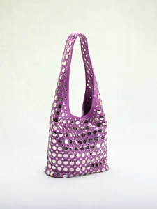Detailed view of purple punk style hobo bag featuring silver round rivet stud embellishments
