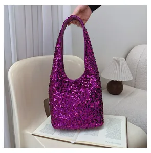 Detailed close-up of a vibrant purple sequined shoulder bag perfect for party fashion