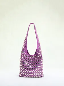 Detailed view of purple punk shoulder bag with silver rivet stud embellishments