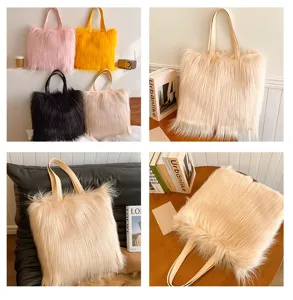 Detail view of the soft faux fur texture on a stylish long-haired tote bag