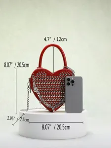 Red heart-shaped rivet handbag detail showcasing metal studs, chain straps and exact dimensions.
